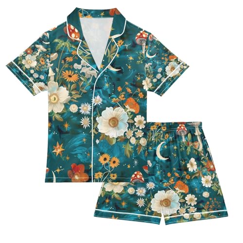 senya Flowers Mushrooms on Water Satin Summer Pajama Sets Silk Short Sleeve Button Down Sleepwear