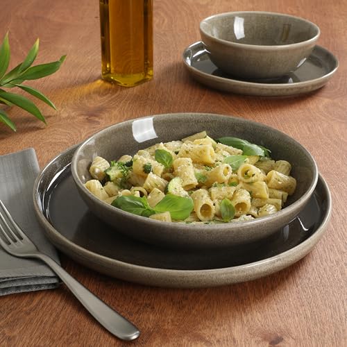 Image of Gibson Elite Berea 16 Piece (Service for 4) Plates and Bowls Reactive Glaze Round Dishes Stoneware Ceramic Dinnerware Set -Taupe