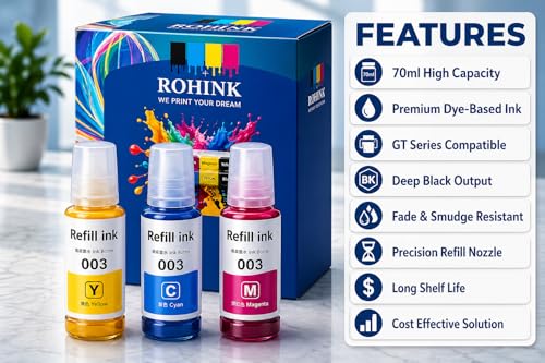 Image of ROHINK 003 Compatible Refill Ink for Epson L3110, L3150, L3250, L3252, L3115, L3116, L3101, L3210, L3215, L3216, L3151, L3152, L3156, L5190 Printers (Multicolor Combo Pack 3)