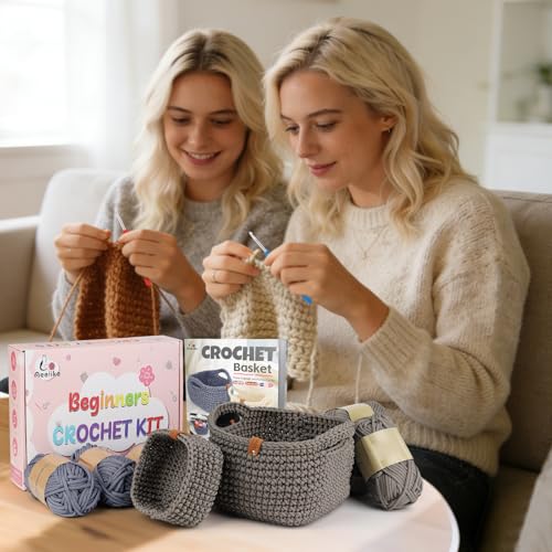 Image of Aeelike 27PCS Crochet Basket Kit for Beginners (L&S), Crocheting Basket for Storage, Knitting Starter Set with Instruction, Complete Beginner Crochet Kit, Crocheting Gift for Home Decor