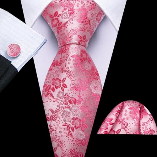 Image of Barry.Wang Flower Ties for Men Silk Woven Floral Tie Sets Necktie Handkerchief Cufflinks Wedding Party