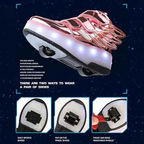 Kids LED Light Up Roller Skate Shoes with Wings Boys Girls USB Chargable Dancing Sneakers for Halloween Christmas Party Pink 303