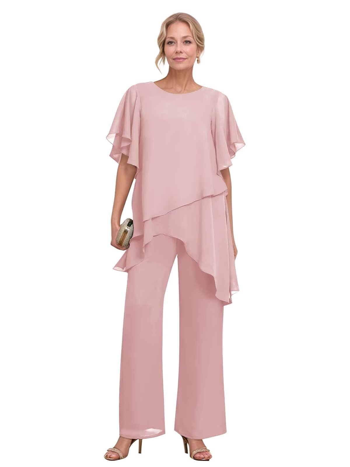 2 Piece Mother of The Bride Pant Suits for Wedding Short Sleeve Chiffon Tiered Formal Evening Outfita