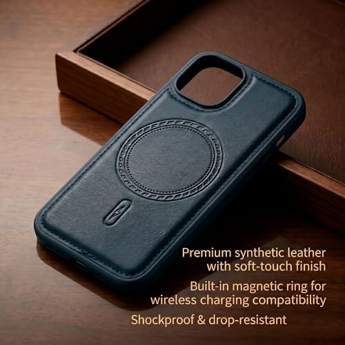 Image of amazon basics Premium PU Leather Case for iPhone 14, MagSafe Compatible Magnetic Ring, Sleek Protective Back Cover - [Blue]