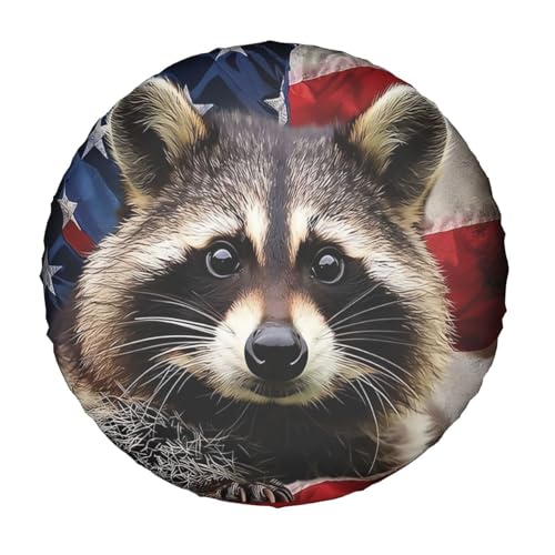 Image of American Flag Raccoon Spare Tire Cover for Rv Trailer Camper Truck SUV - Cute Raccoon Animal Wheel Protectors Cover Waterproof Fabric for Travel Camping Outdoor,Universal Fit,17 inch