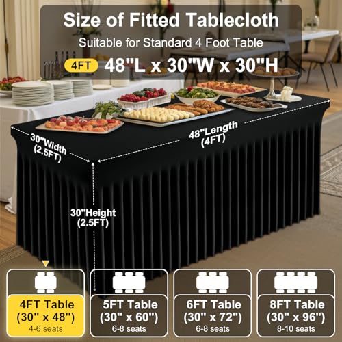 Image of Smiry Spandex Elastic Fitted Table Cloth Skirt for 4FT Rectangle Table | Stretch Washable Table Cloth, Banquet Table Cover for Wedding, Party, Indoor & Trade Shows, (Black, 48Lx30Wx30H)