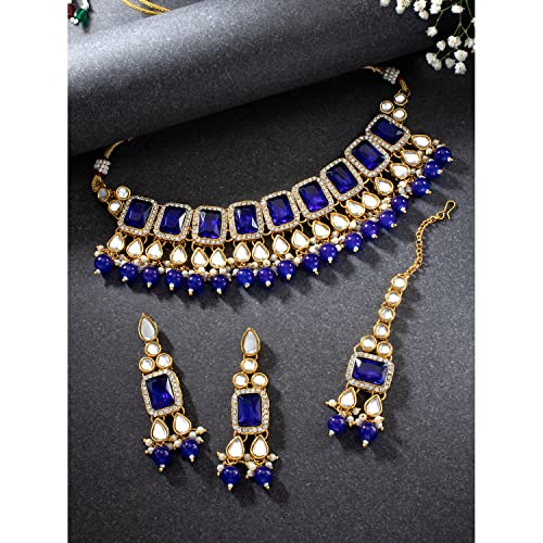 Image of Peora Crystal Faux Pearl Kundan Necklace & Jewellery Set Gift for Women