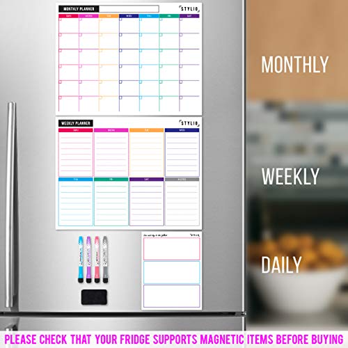Stylio Dry Erase Calendar Whiteboard. Set Of 3 Magnetic Calendars For Fridge: Monthly, Weekly Organizer & Daily Notepad. Refrigerator & Wall Family Calendar. 4 Fine Point Markers & Eraser Included #TOP2