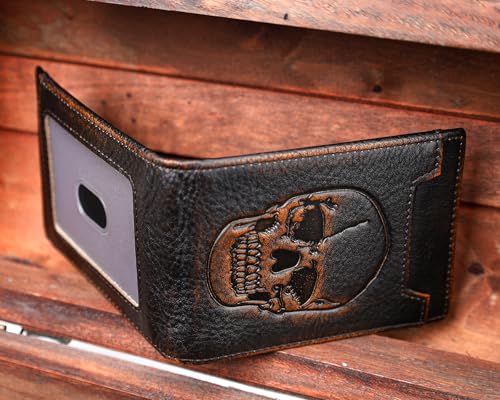 Image of DK86 Skull Wallet for Men with Money Clip Genuine Leather Bifold RFID Blocking Mens Slim Front Pocket Wallet with Hand Burnished