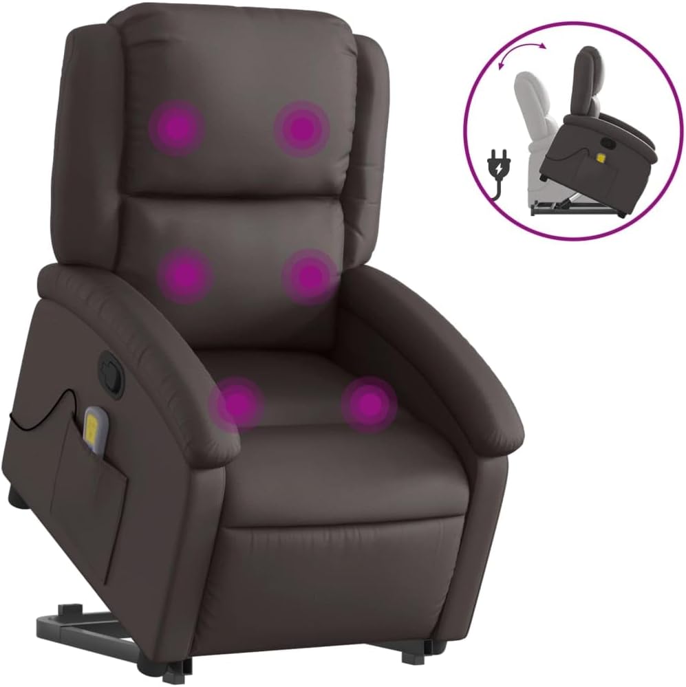 vidaXL Dark Brown Massage Recliner Chair - Real Leather, Manual/Power Lift, Vibration Massage, Durable Metal Frame for Living Room/Lounge, 3205941