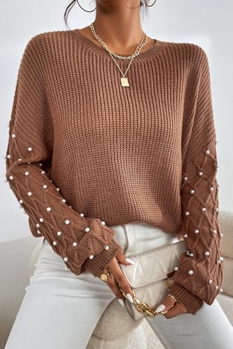 Women's Chestnut Beaded Drop Shoulder Round Neck Sweater2