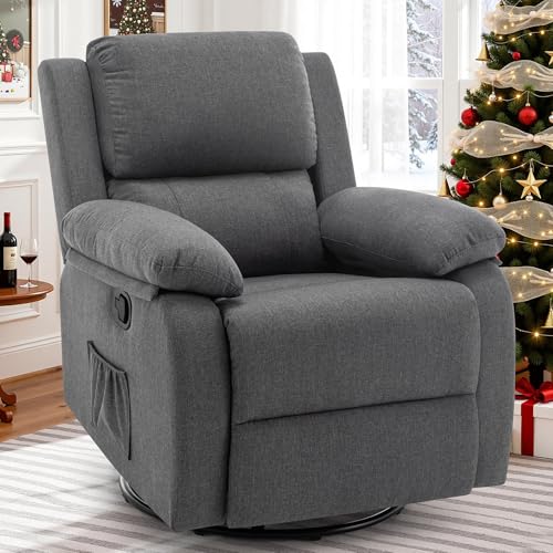 Korser Recliner Chair, 360 Swivel Rocker Chair for Adults, Small Rocking Recliner Chair for Small Spaces, Upholstered Fabric Glider Recliner Nursery Chair with Side Pockets for Living Room, Nursery