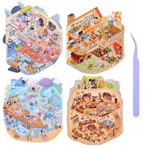 Girls 3D Miniature Scene Stickers, 4 Sets World Adventure DIY House Stickers for Space, Caves, Farms, Underwater World, Cute 3D Cartoon Sticker Scenes for Adult Kids Relief Stress Pass The Time