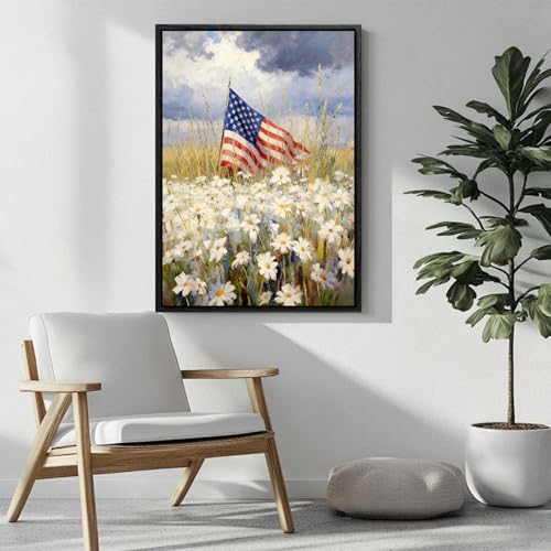 Image of American Flag Framed Canvas Wall Art, 4th of July Floral Canvas Prints, Wildflower Landscape Patriotic Decorations, Vintage Rustic Independence Day Wall Decor for Bedroom Living Room Office 12x16