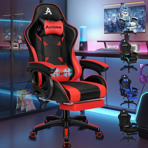 ALFORDSO Silla para Gaming con Masaje y Cojín Lumbar, Cuero PU, Rojo
