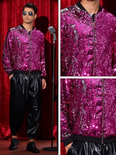 Image of Lars Amadeus Sequin Varsity Jacket for Men's Zipper Party Disco Flip-Sequin Shiny Bomber Jackets
