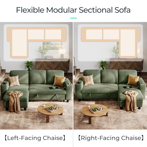 Image of LINSY HOME Sectional Sleeper Sofa Pull Out Couches for Living Room (Green, Sleeper Sofa 1) | Pull Out Sofa Bed, Storage, USB Charging, Cup Holders, Plush Corduroy