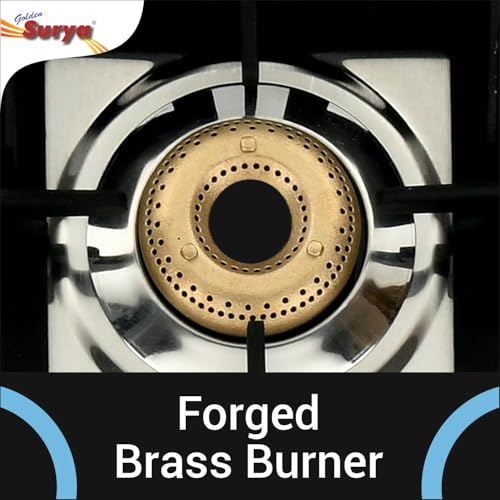 Image of Golden Surya 2 Burner Toughened Glass Gas Stove (CXJ-22 MS Pride) | Heavy Forged Brass | Manual Ignition | ISI Certified | 18 Months Warranty