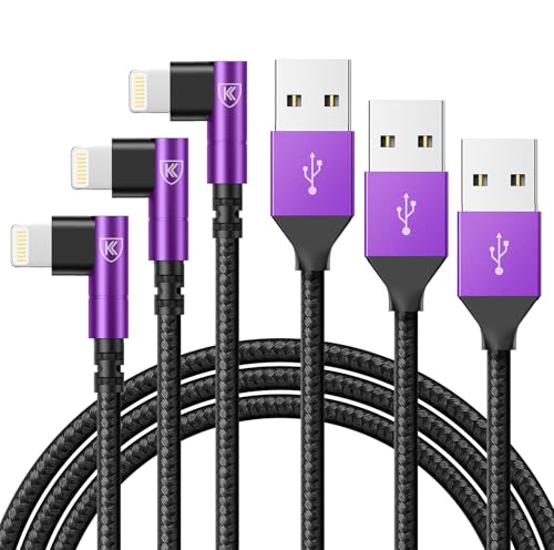 10ft iPhone Charger Cable,3Pack 90 Degree Charging Cable, [Apple MFi Certified] Long Lightning Cable Fast Charging Cord Compatible for iPhone 14/13/12/11/Pro/Max/Mini/X/Plus/8/7/6/Plus/ - Purple by KIYODA - Used condition - US$15.35