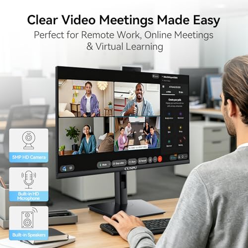 Image of CUNPU 24 Inch Monitor with Camera, Computer Monitor with Pop-up 5MP 2K Webcam and Stereo Mic & Speakers, FHD 1080P Vertical Monitor for Video Conferencing, HDMI, VGA Port, Swivel Pivot Adjustable