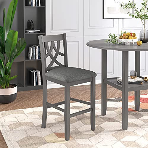 Image of Modern Rustic 3 Piece Round Counter Height Dining Table Set with with Drop Leaf Table,Bottom Shelf and 2 Padded Chairs,Wooden Kitchen Furniture for Small Places