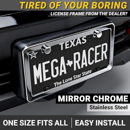 Image of Premium Slim Mirror Chrome License Plate Frames - 2 Pack, Rust-Free Stainless Steel, Rattle-Free, Street Legal Universal with Screw Caps, Thin Silver Metal Front & Rear Car Tag Holder, For Men & Women
