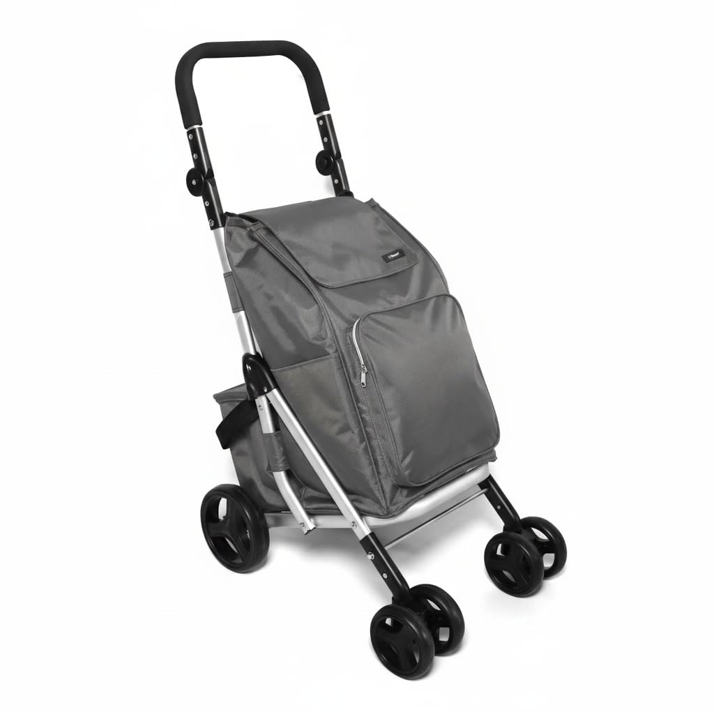 Urban London 6-Wheel Design 74L Capacity Folding Shopping Trolley with Cooler Bag Adjustable Handle (Grey)