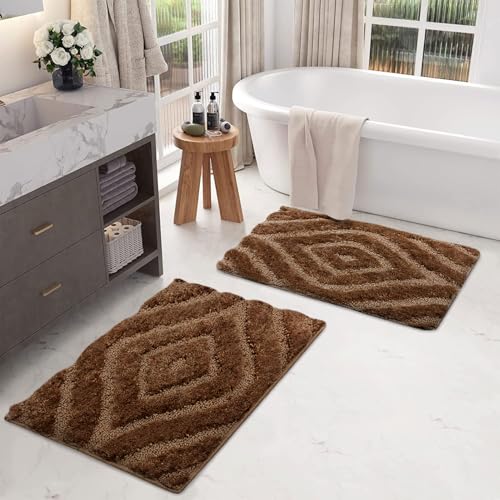 Image of Luxe Home Super Soft Microfiber Bath Mats Non-Slip TPR Backing Scotland Diamond Water Soak Bathroom Mat & Door Mats for Home Combo (38x58 cm) - Sea Coffee