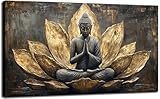 Large Buddha Lotus Canvas Wall Art Abstract Gold and Grey Zen Buddhism Decor painting Pictures Modern Serene Meditation Posters Prints for living room Bedroom Office Hallway Home Decoration