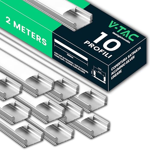 V-TAC 10x Profili per Strisce Led da 2 METRI Rettangolari in Alluminio - (20 Metri Totali) - Profili per Strisce LED Copertura Opaca - Ingombro max Striscia Led 12,4 mm - Dimensioni 17,4 x 7 mm