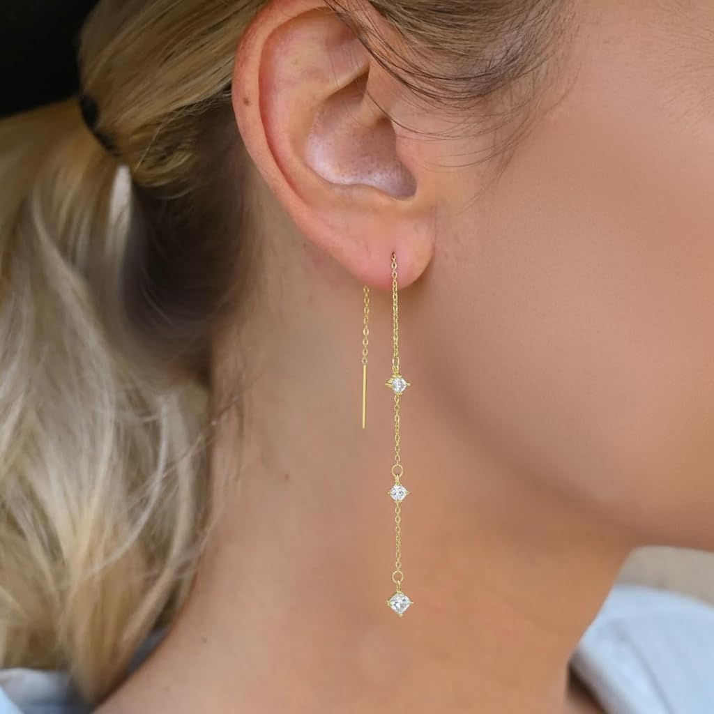 Dangle Earrings for Women Gold Threader Earring with Cubic Zirconia Hypoallergenic Dangly Drop Chain Earrings for Wedding Jewelry - Image 6