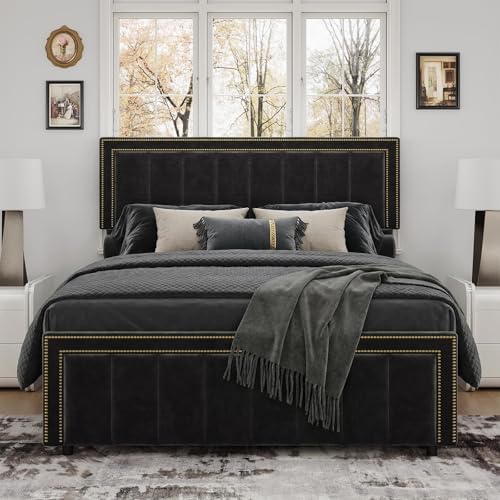 Image of BarnFurin Full Size Bed Frame with 50 inch Extra Tall Headboard, Black Chenille Upholstered Platform Bed, Vertical Channel Tufting & Nailhead Trim, No Box Spring Needed, Squeak-Free