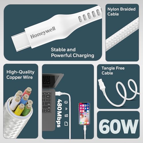 Image of Honeywell USB A to Type C Cable, 4 Feet (1.2M), PD 60W, QC 3.0, Fast Charge & Sync Cable, Nylon Braided Cable for Apple Devices, Smartphones, Laptops, Power Banks, Tablets, Headphones, Speakers White