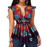 VERWIN African Color Block Zipper Sleeveless Women's Blouse Fashion Asymmetric Print Women's Top Shirt (Medium, Purple)