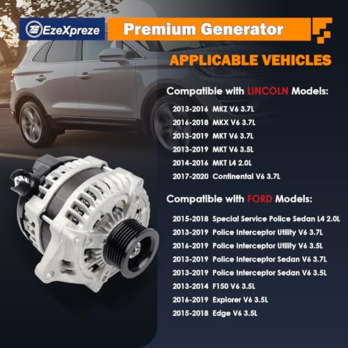 Image of EzeXpreze Alternator Compatible With Ford Explorer 3.5L 2016-2019, F150 V6 3.5L 2013-2014, Lincoln MKT 2.0L 2014-2016, MKT 3.5L 3.7L 2013-2019, 225A Replaces 104210-6601,11629N,DG1T-10300-EB