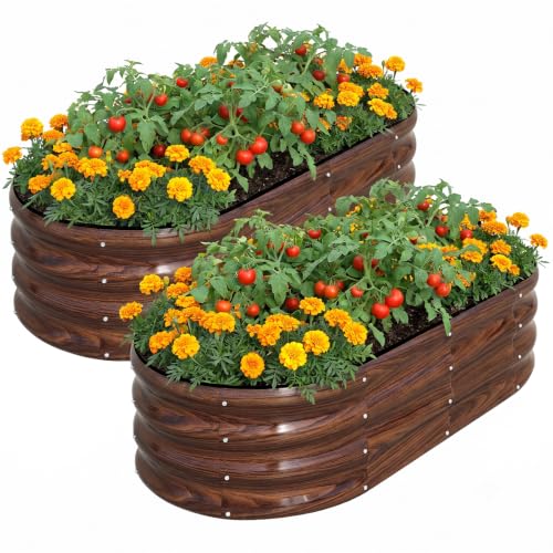 SnugNiture Galvanized Raised Garden Bed Outdoor, 2 Pcs 4x2x1ft Oval Metal Planter Box for Planting Plants Vegetables, Brown