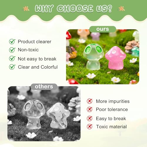 Image of FEXIA 50pcs Mini Resin Mushrooms Little Mushroom Figures Tiny Figures Glow in the Dark for Aquariums Dollhouses Fairy Garden Mushroom Decor Landscape