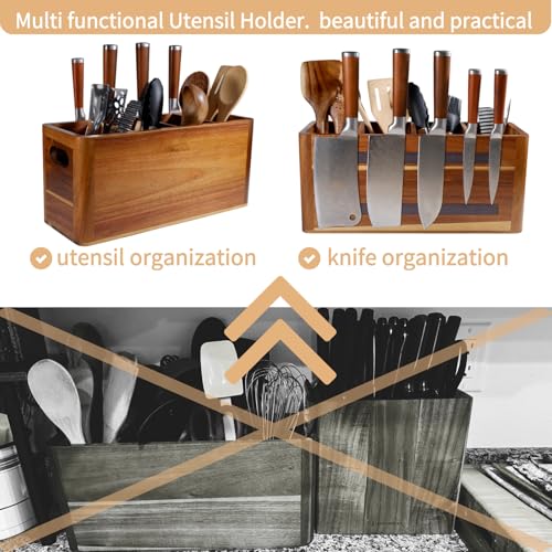 Image of Wooden Kitchen Utensil Holder Organizer for Counter or Countertop, Large Wooden Utensil Holder 4 Compartment, Acacia Wood Container Extra Large.with Strong Magnets Multifunctional Storage Knife Holder