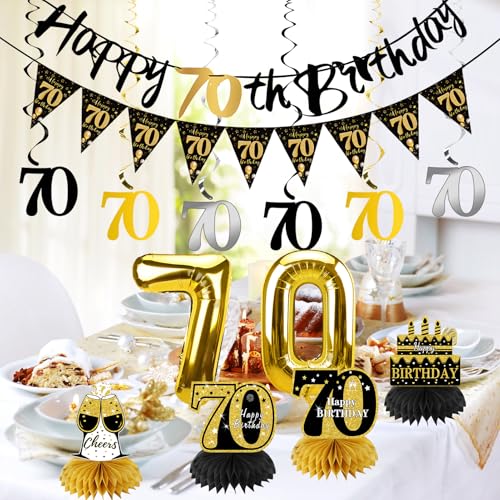 image for Guiruiy 13PCS 70th Birthday Decorations for Men Women, Black Gold Happ