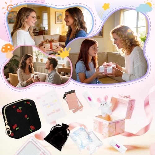 Image of First Period kit for Girls, Corduroy Cute Sanitary Napkin Storage Bag, Menstrual Pad Bag Tampon Holder for Purse, First Period Gifts (Cherry-Beige)
