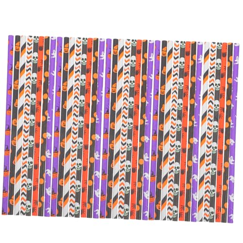 Mikinona 200個入りハロウィン紙ストロー オレンジ白ストライプ 波柄 骸骨 南瓜 幽霊 蜘蛛デザイン 食品対応使い捨てパーティー装飾 飲み物用