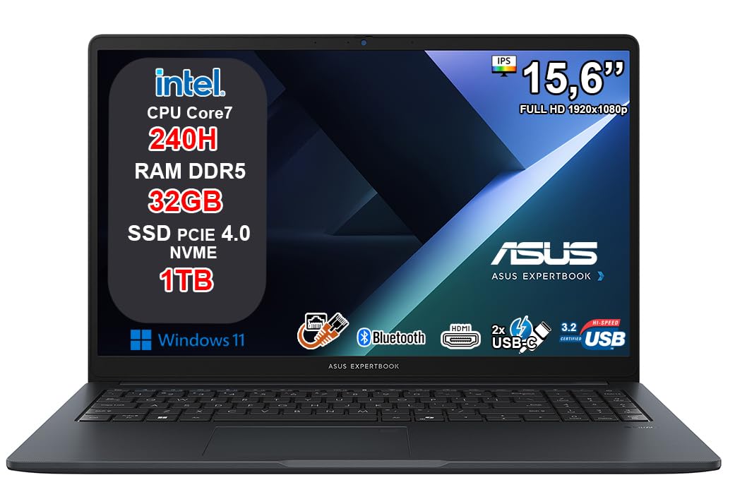 ASUS ExpertBook B1 Notebook, Intel Core 7 240H, 32GB DDR5 RAM, 1TB SSD NVMe, 15.6" Full HD, Windows 11 Pro, Fingerprint, WiFi 6, Tastiera Retroilluminata, Webcam Privacy Shutter, 2 Anni Garanzia.