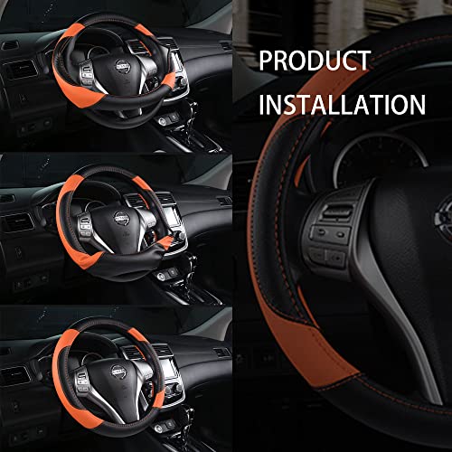 Image of Leather Car Steering Wheel Cover, Non-Slip Car Wheel Cover Protector Breathable Microfiber Leather Universal Fit for Most Cars (Orange-2)