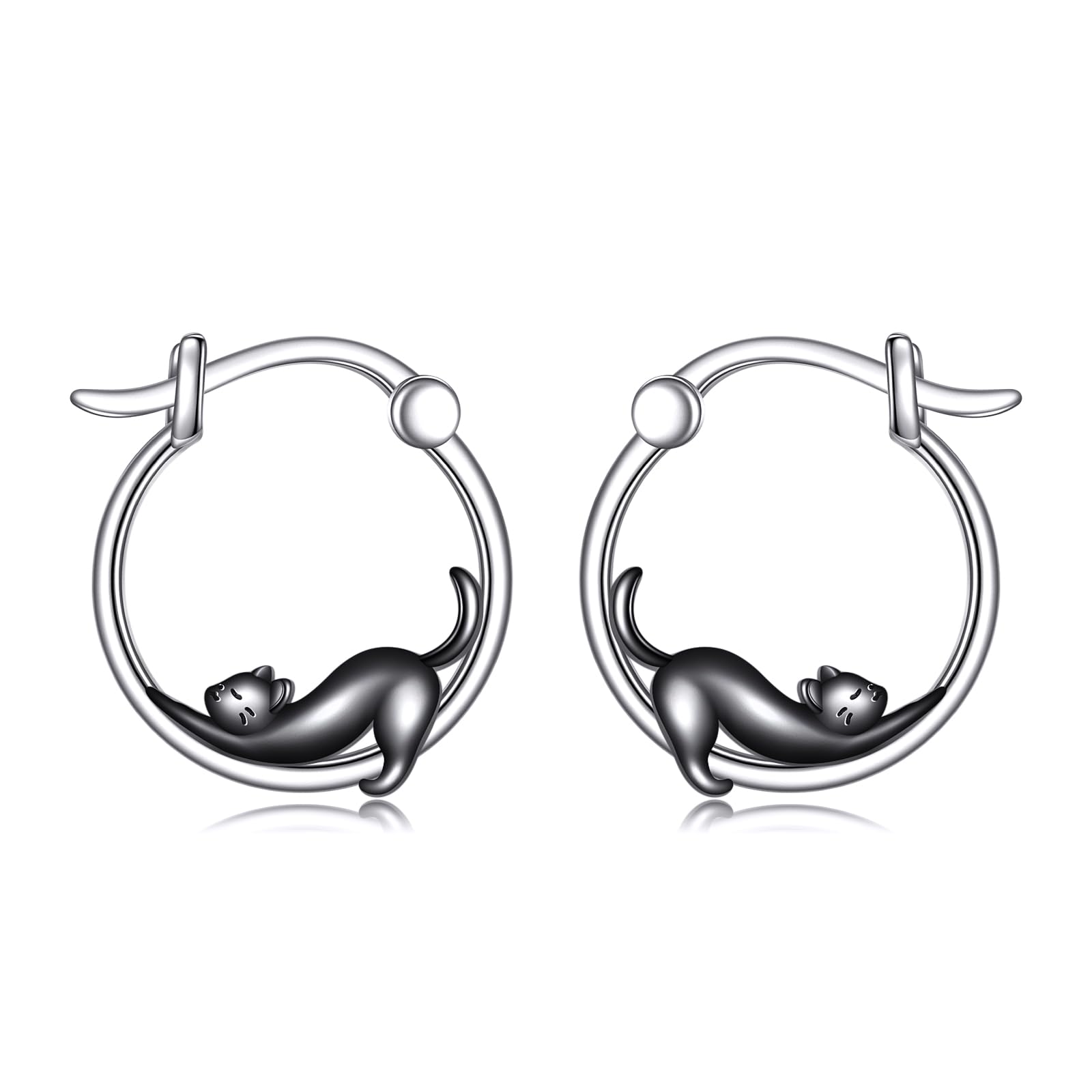 Orecchini a cerchio in argento Sterling 925 con gatto nero – graziosi orecchini con piccoli animali – regalo per donne che amano i gatti