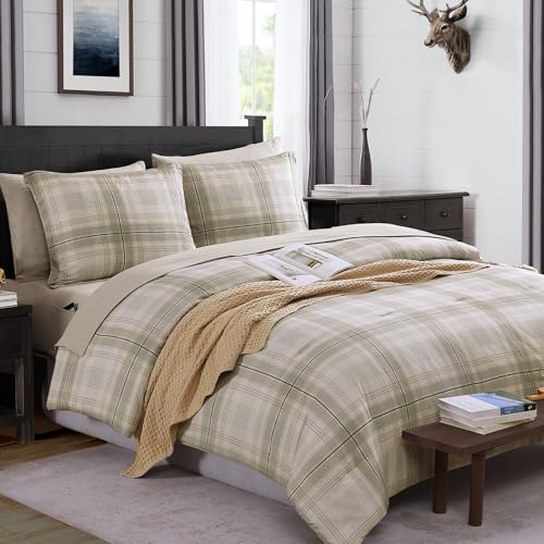 Image of MaiReve Plaid Queen Comforter Sets, Khaki Green Grid Farmhouse Bedding Set Bed in A Bag, Classic Checkered Comforter Sets with Fitted & Flat Sheet, Pillowcases & Shams 90 inchx90 inch