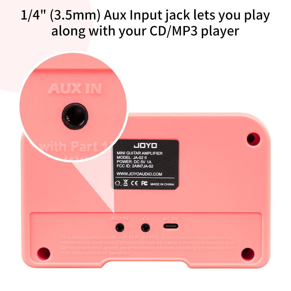 JOYO Mini amplificador de guitarra de ejercicio 5 W pequeño amplificador de guitarra recargable de dos canales con conexión Bluetooth para auriculares (JA-02 II Rosa)