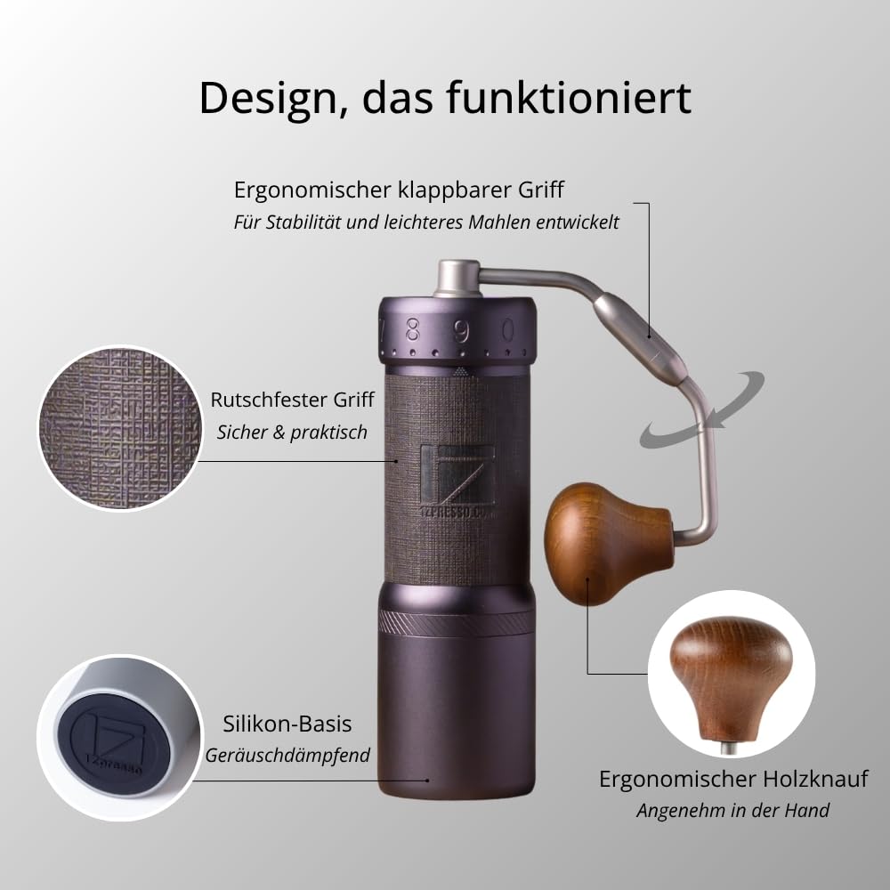 1Zpresso J-Ultra Molinillo de café manual gris hierro, rebaba cónica, mango plegable, taza de captura magnética de 40 g, ajuste numérico ajustable, eficiencia de molienda más rápida, ideal para