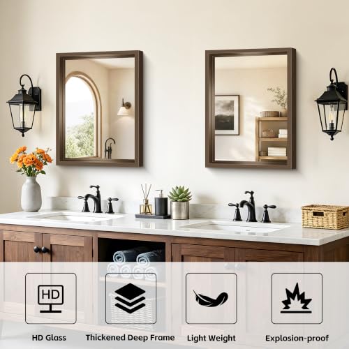 Image of Bathroom Mirror, 18 x 24 inch Walnut Wood Grain Colored Aluminum Metal Frame Bathroom Vanity Mirror, Rectangle Wall Mirror for Bedroom Living Room, Tempered Glass, Horizontal or Vertical