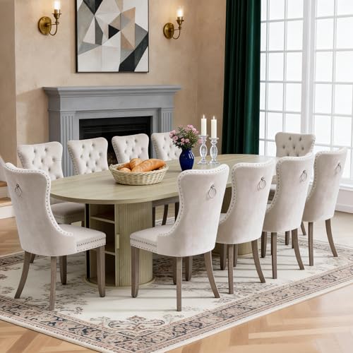 11 Piece Extendable Dining Table Set, Farmhouse Fluted Dining Table Set for 10, 94.5" Faux Travertine Expandable Kitchen Table and Beige Tufted Chairs Set of 10, Large Dining Room Table Set for 10