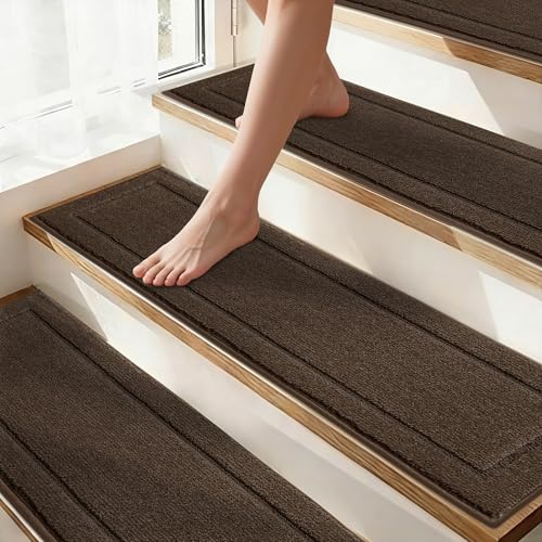 Non-Slip Stair Treads for Wooden Steps Indoor, 15 Pack 8' X 30' Edging Stair Rugs with TPE Backing, Carpet Stair Treads for Kids Elders & Pets, 100% Polyester Soft Stair Runners, Brown